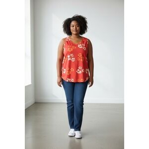 Caribelle Batik Women's Red Hibiscus Flowers Hawaiian St Kitts Tank Top Size XL